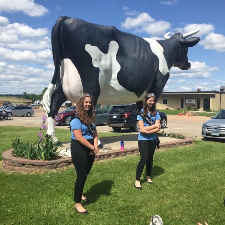 Two Volunteer Women Standing In Front Of A Large Cow Statue